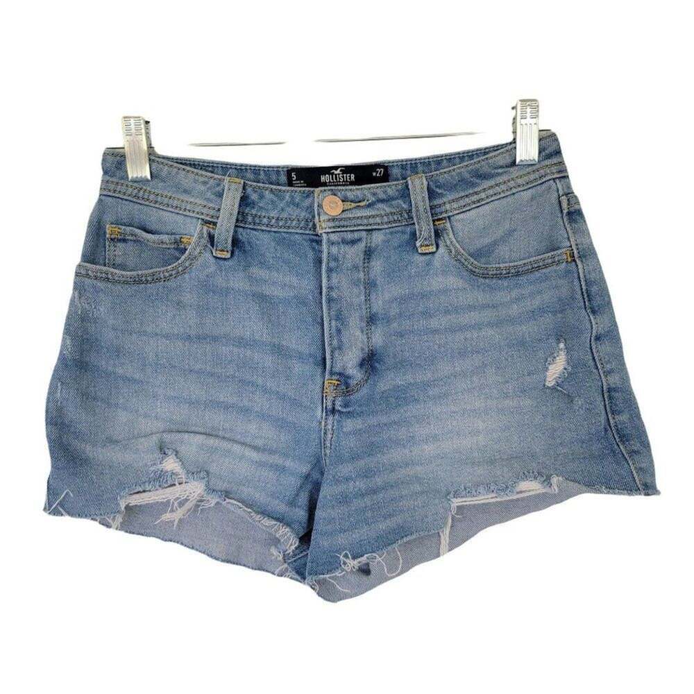 Hollister High Rise Mom Denim Shortie Shorts Blue Women Size 5 Raw Hem